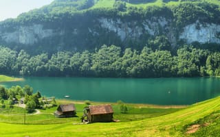Картинка горы, домики, switzerland, река, поляна, швейцария, трава