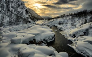 Картинка закат, Зима, горы, пейзаж, река