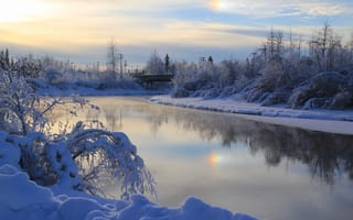 Картинка деревья, Зима, пейзаж, мост, река