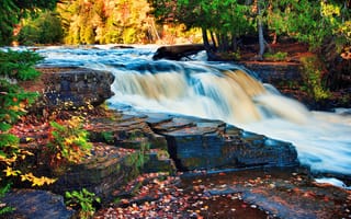 Картинка природа, водопад, река, осень, скалы, деревья