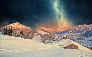 Картинка горы, Зима, ночь, дом, снег