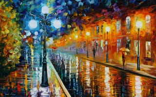 Картинка дорога, фонарь, дождливая, люди, дома, leonid afremov, зонтик, погода