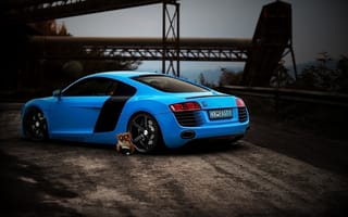 Картинка сова, диски, cupe, audi r8, sportcar, вечер, спорт, гонка, автомобили, синий