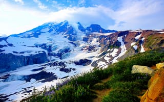 Картинка пейзаж, снег, rainier national park, трава, горы, небо
