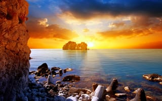 Картинка море, камни, пейзажи, солнце