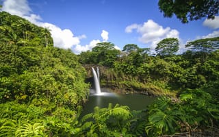 Картинка Радужный водопад, Гавайи, растительность, водопад, пейзаж, деревья, скалы