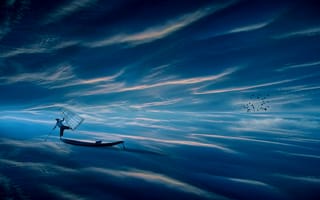 Картинка море облаков, манипуляция, лодка, фотошоп, рыбак, синий, птицы, искусство, небо, океан, фантазия