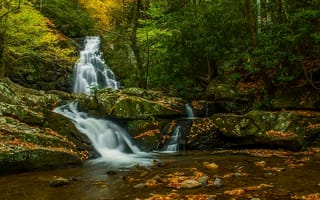 Картинка Great Smoky Mountains National Park, осень, деревья, лес, водопад, пейзаж, природа, скалы