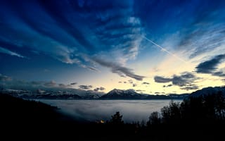 Картинка Берн, небо, Швейцария, Бернский Оберланд, пейзаж, закат, горы, сумерки, силуэты, облака