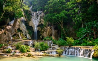 Картинка Waterfalls in northern Laos, водопад, пейзаж, деревья, природа, скалы, река