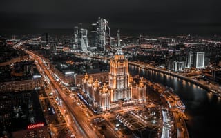 Обои Moscow, Hotel Ukraina, архитектура, здания, Moscow river, ночь, Russia, дома, город