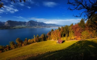 Картинка Lake of Thoune, Switzerland, горы, деревья, домик, осень, пейзаж