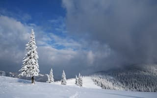 Картинка зима, пейзаж, сугробы, горы, деревья, снег