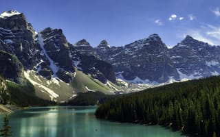 Картинка Lake Moraine, горы, Альберта, Канада, пейзаж, озеро, Canada, скалы, Озеро Морейн, деревья