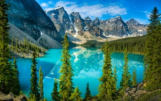 Картинка Lake Moraine, Canada, горы, деревья, пейзаж, Озеро Морейн, скалы, Альберта, Канада, озеро