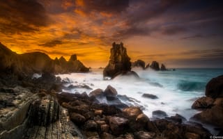 Картинка Испания, природа, закат, берег, скалы, небо