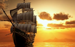 Картинка парусник, море, водный транспорт, закат, лодки, корабль, небо, океан, восход солнца, облака, корабли и лодки