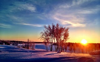 Картинка закат, солнечные лучи, пейзаж, зима, природа, деревья, небо, холмы, снег