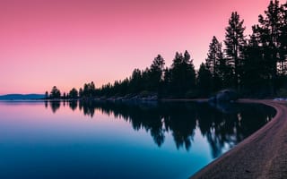 Картинка восход, вода, небо, лес, отражение, озеро, деревья