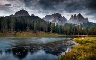 Картинка Доломитовые Альпы, природа, пейзаж, озеро, облака, небо, горы, Доломиты, Италия, закат