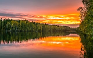 Картинка Finland, отражение, лес, деревья, природа, закат, озеро, сумерки, пейзаж, небо