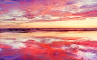 Картинка океан, произведение искусства, красное небо, закат