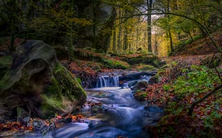 Картинка осень, скалы, лес, пейзаж, водопад, деревья, краски осени, природа