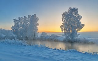 Картинка река, зима, пейзаж, деревья, иней, закат