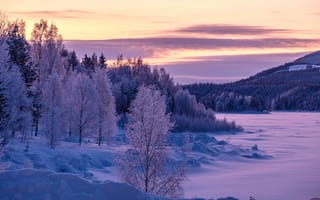 Картинка замерзшее озеро, закат, пейзаж