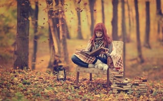 Картинка рыжая, лес, модель, осень, чтение книги, падение листьев, деревья