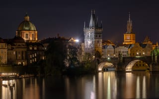 Обои Прага, город, Prague, мосты, Чешская Республика, ночь, ночные города, Чехия, Пражский град, Czech Republic, иллюминация, дома