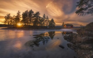 Картинка Норвегия, закат, Скандинавия, дом, озеро, пейзаж