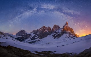 Картинка Альпы, сияние, снег, млечный путь, небо, пейзаж, горы