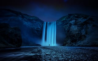 Картинка Skogafoss, пейзаж, ночь, сумерки, горы, Исландия, водопад, река