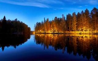Картинка Финляндия, деревья, свечение, пейзаж, сумерки, природа, иллюминация, озеро, отражение, лес
