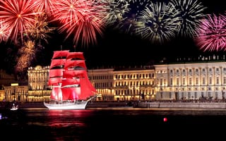 Картинка Санкт-Петербург, алые паруса, город, праздники, корабль, фейерверк, ночь