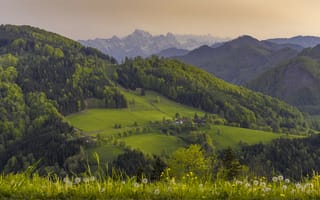 Картинка Lime, горы, поля, пейзаж, Alps, дома, Austria, закат, деревья