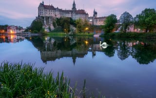 Картинка Niederdorla, лебедь, пейзаж, закат, озеро, замок, Germany