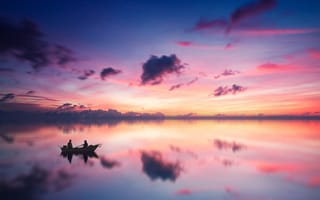 Картинка закат, лодка, настроение, облака, отражение, расслабляющий, небо, декорации, рыбаки