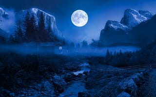 Картинка лунный свет, туман, луна, пейзаж, деревья, ночь, горы, дом, река