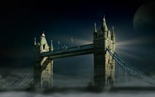 Картинка мост, свет, небо, туман, ночь, луна, лондон