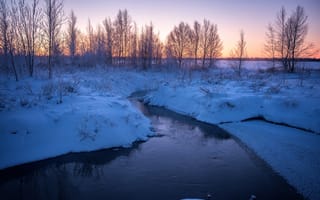 Картинка закат, река, пейзаж, деревья, снег, зима
