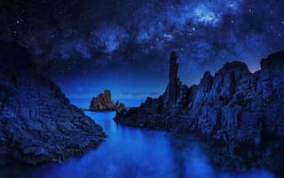 Картинка вечером, природа, море, скалы, синий, звезды
