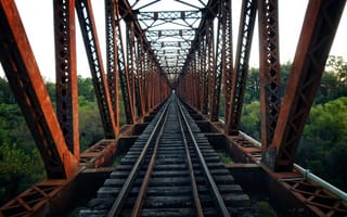Картинка железная дорога, мост, железнодорожный мост, рельсы, деревья, лес, природа, железнодорожные пути