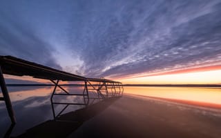 Картинка озеро, мостик, горизонт, природа, закат