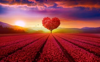 Картинка в форме сердца дерево, облака, закат, поле, романтика, цветы