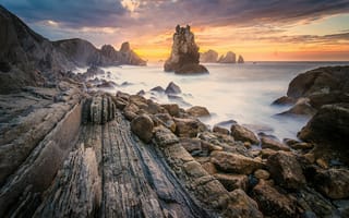 Картинка Costa Quebrada, скалы, море, пейзаж, Costa de Cantabria, Испания, Сантандер, Кантабрия, закат