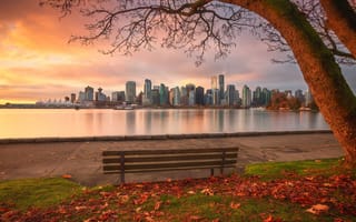 Картинка Stanley Park, пейзаж, дерево, закат солнца, осень, Vancouver, водоём, лавочка