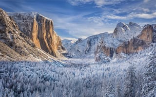 Картинка Yosemite National Park, пейзаж, Национальный парк Йосемити, деревья, Калифорния, горы, зима, лес, водопад, панорама, California, скалы