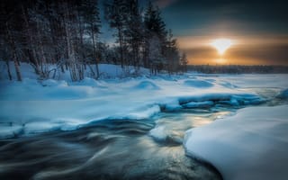 Картинка Лапландия, пейзаж, река, закат, природа, Финляндия, деревья, зима